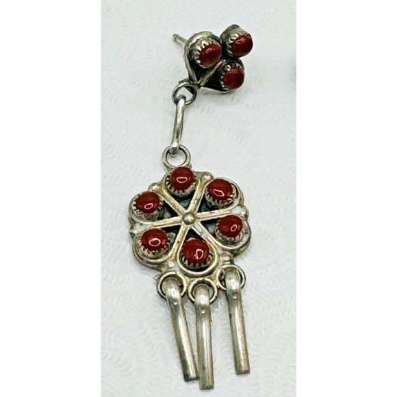 Vintage Signed Homer and Gloria Vacit Zuni 925 Sterling Coral Dangle Earrings - Picture 2 of 7